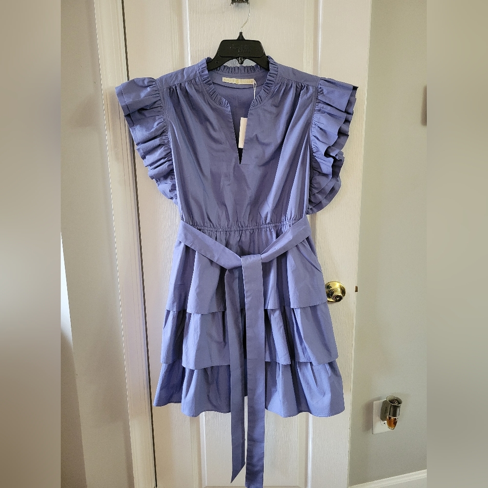 NWT Marie Oliver Emery Ruffle Tiered Mini Dress Blue Size XL 100% Cotton Belted
